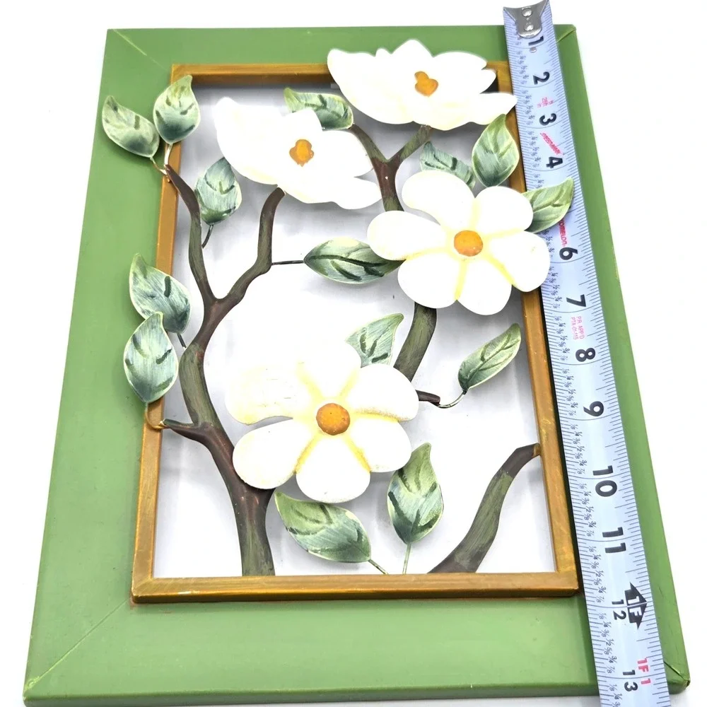 2pc Blooming White Magnolias 3-D Wall Sculptures Framed Metal Art Cottage Core